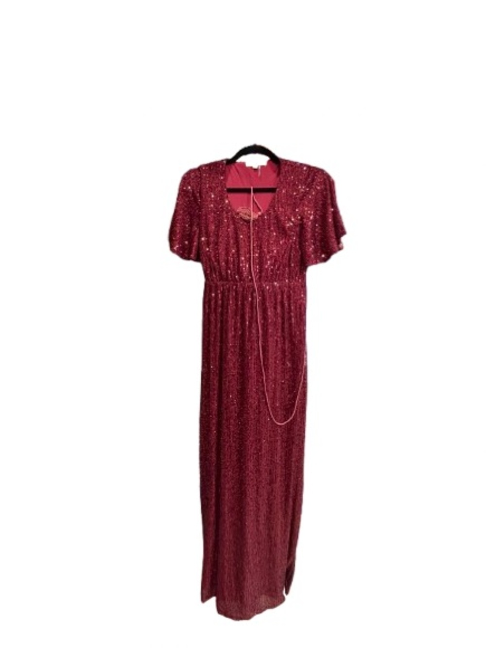 Elegant Maternity Red Sequin Maxi Dress with Flutter Sleeves